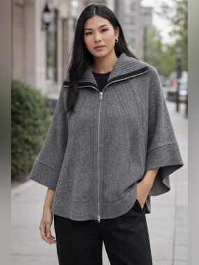 Cotton by Autumn Cashmere 100% Cotton Zip Up Poncho Sweater Charcoal Grey Small